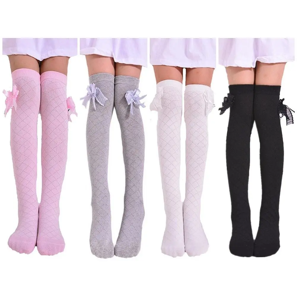 Girl's Bows Over Knee Socks - 4 Pairs, Over Calf Stockings for 2-8T Kids, Prop 65 Safe