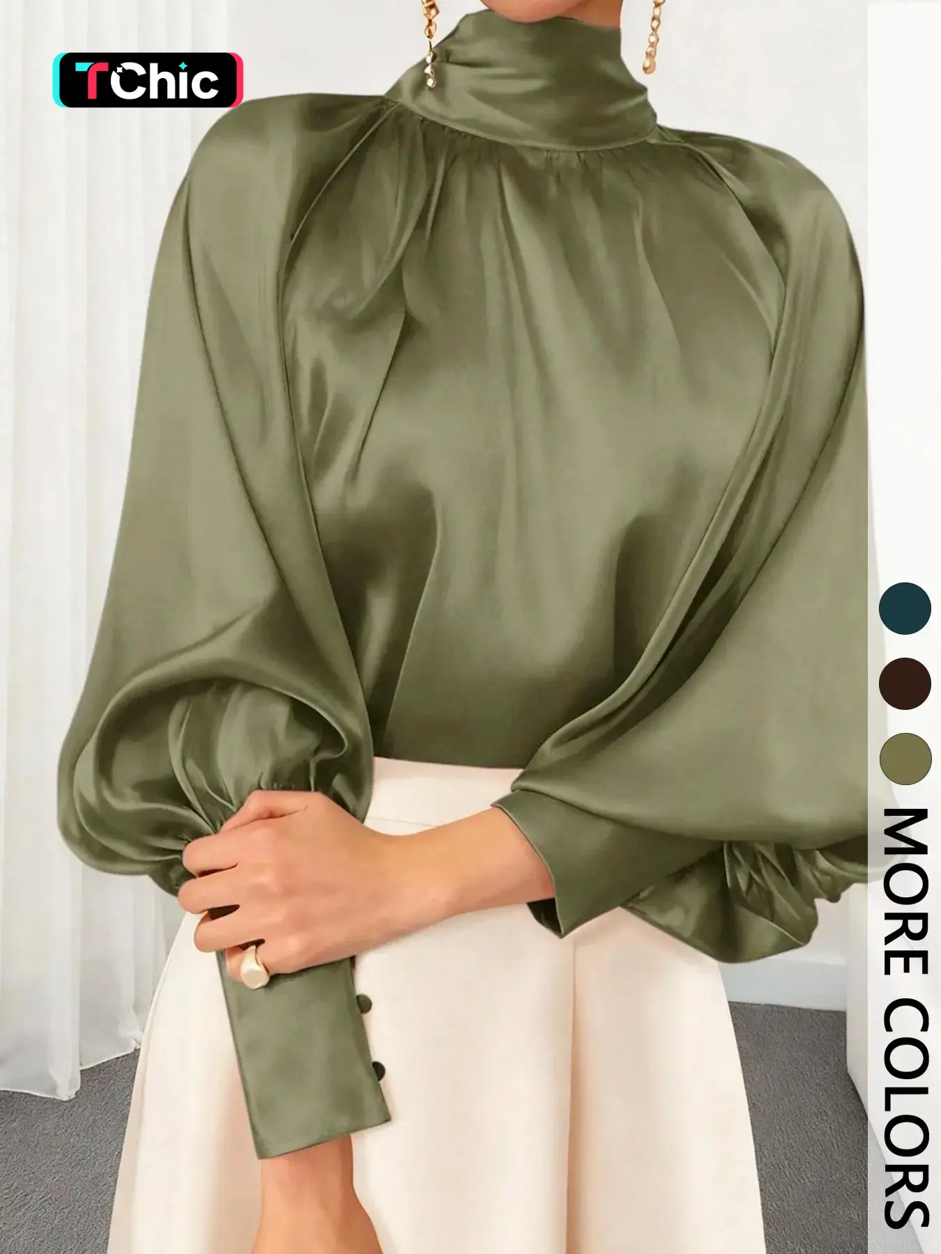 Women's Luxurious Satin Stand Collar Long Sleeve Shirt, Lantern Sleeve Design, Essential for Fall Winter Layering, Daily Office Party Wear
