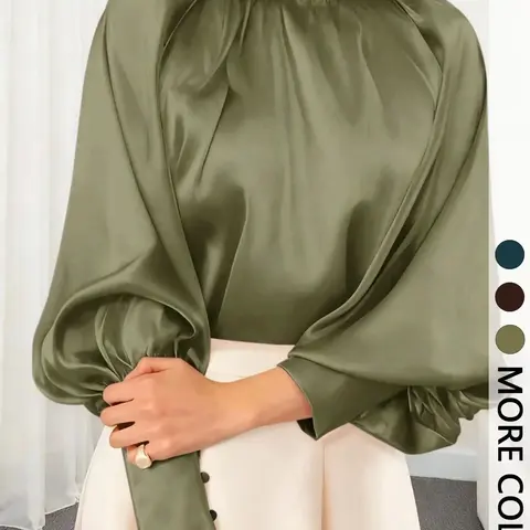 Women's Luxurious Satin Stand Collar Long Sleeve Shirt Tops, Lantern Sleeve Design, Essential for Fall Winter Layering Daily Office Party Wear
