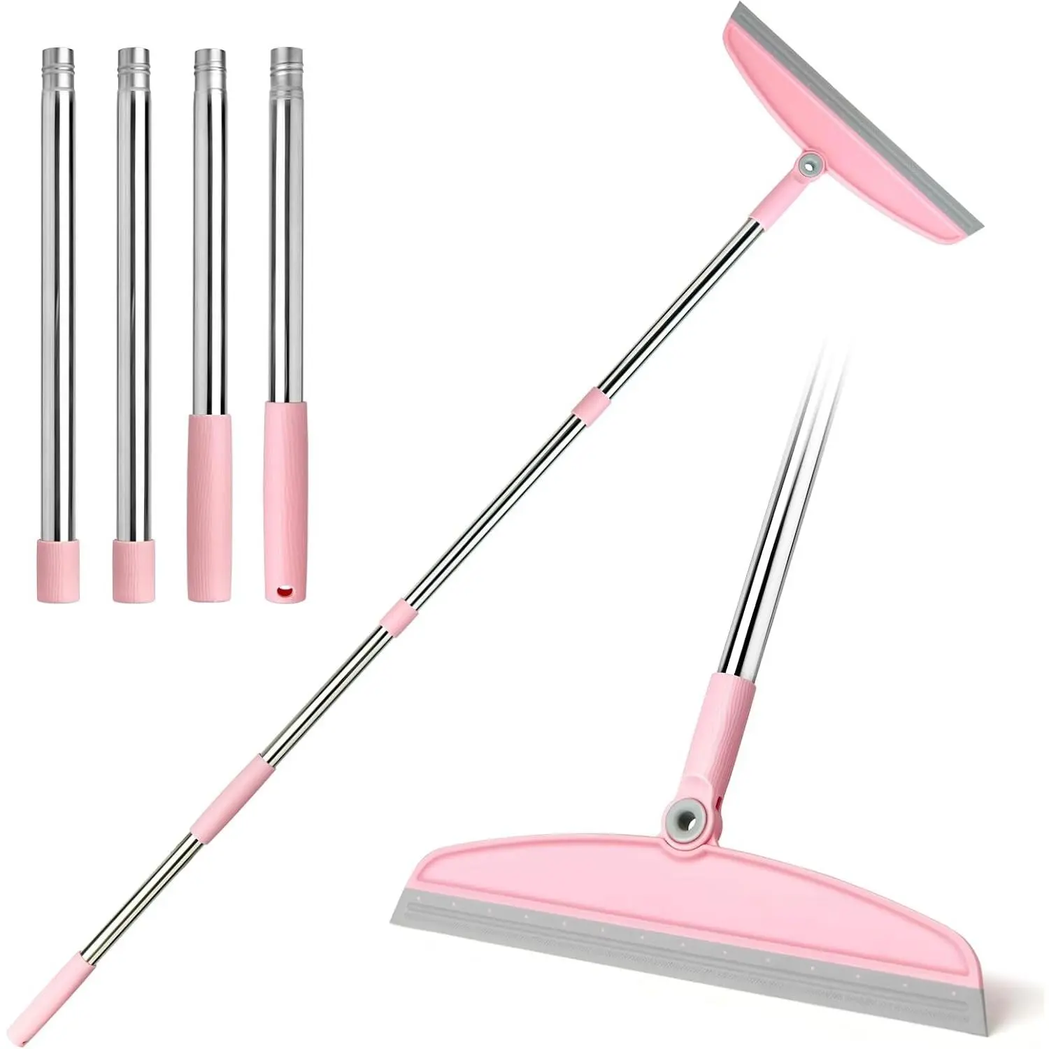 Multifunction Silicone Broom, 54 Inch Adjustable Long Handle Rubber Broom Sweeper for Floor Bathroom Kitchen Shower Pet Hair Glass(Gray Pink)