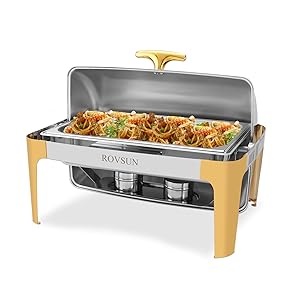 ROVSUN 1 Pack Roll Top Chafing Dish Buffet Set Gold Accent,NSF 9 Quart Rectangular Stainless Steel Chafer, Buffet Servers and Warmers Set Warming Tray for Wedding, Parties, Banquet, Catering Events