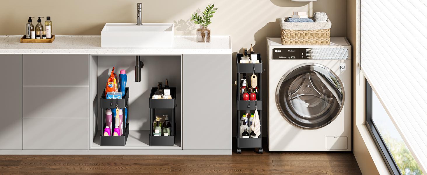 Slim Storage Cart with Wheels - 3 Tier Bathroom Organizers and Storage Cart - Rolling Carts for Bathroom, Kitchen, Narrow Space, Laundry Room,Black