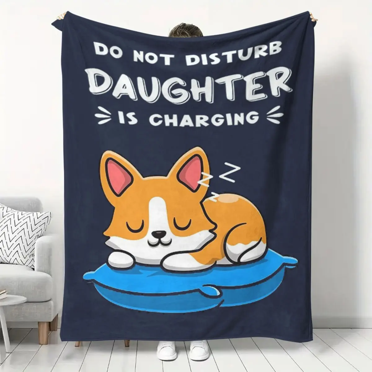 Cute Corgi Flannel Blanket for Christmas, Funny Cartoon Throw Blanket with "Do Not Disturb My Daughter While Charging" Design, Soft Thick Coral Fleece Blanket for Household Naps, Sofas and Air Conditioning, Birthday Gift for Girls and Daughters