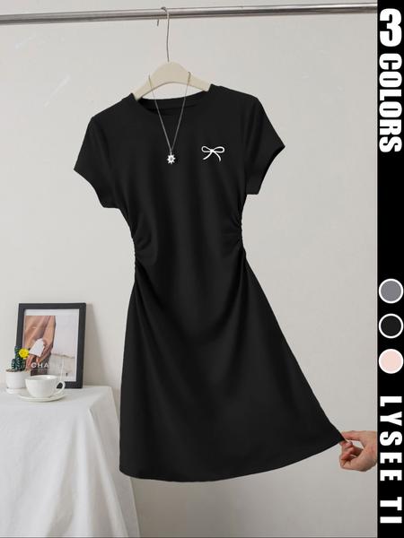 26 Valentine's Day women's casual fashion slim fit small bow print details simple solid color pleated pullover women's round neck short sleeved dress