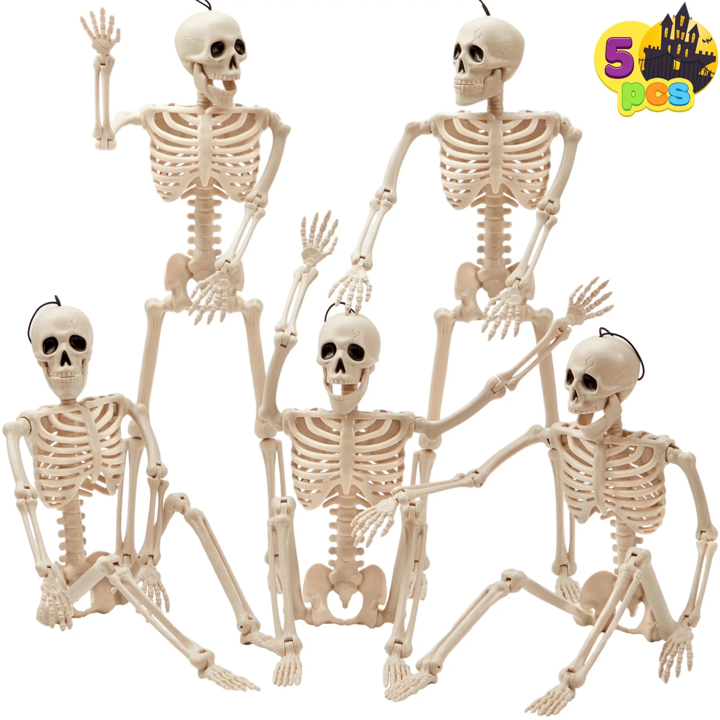 5 Piece Halloween Skull Decorations, 40.64 Cm Movable Joint Skeleton, Cemetery Props, Haunted House Accessories, Ghost Scene Party Gifts