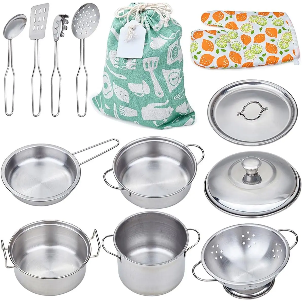 Kids' Stainless Steel Kitchen Play Set - Mini Pots, Pans, Pretend Cookware Utensils, Developmental Toys for Toddlers & Children Ages 3+