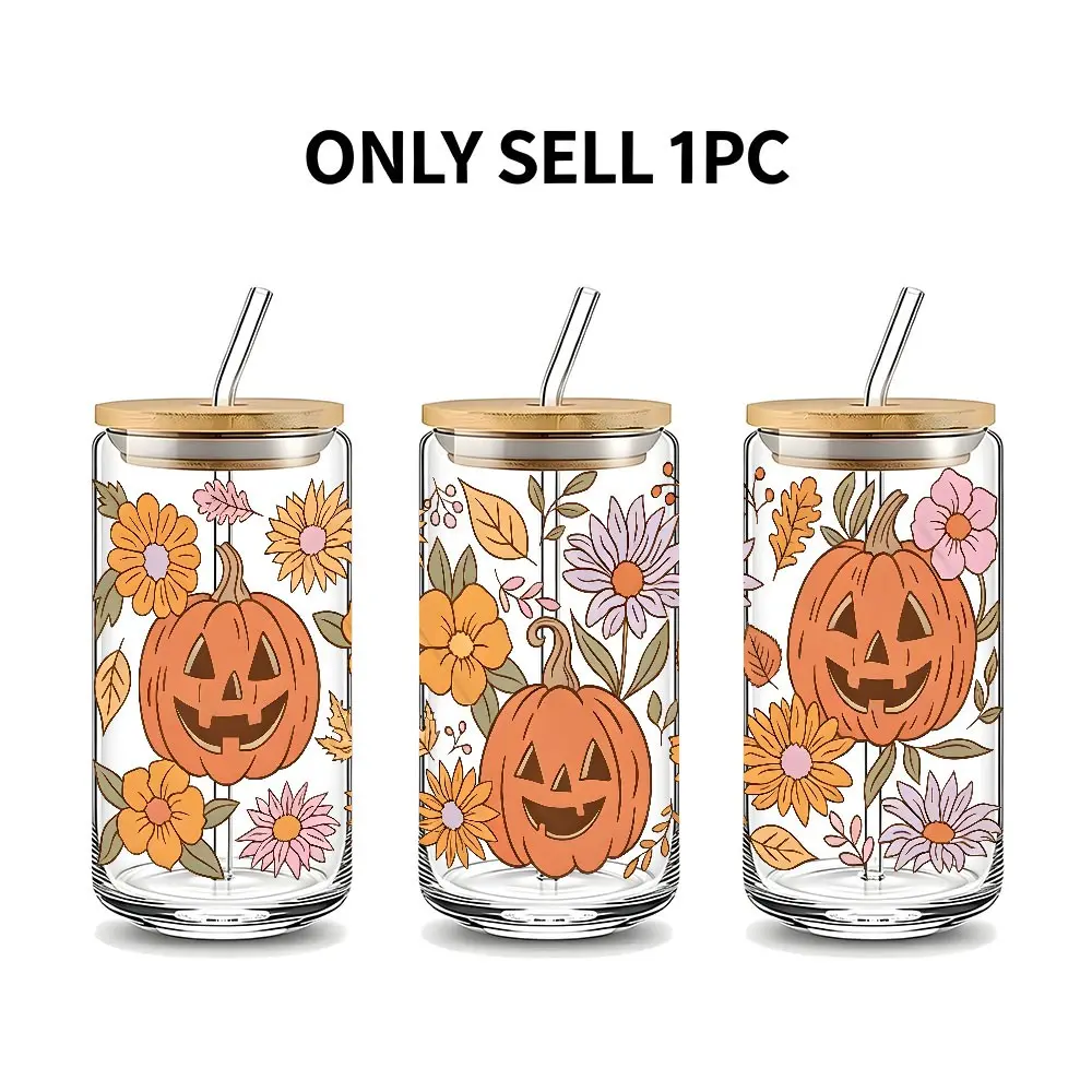 Boho Floral Pumpkin Fall Theme 16oz Frosted Glass Can Cup with Lid and Straw, Reusable Glass Drinking Cup, High-Quality Glass Jar for Iced Coffee,Hot Chocolate,Juice,Cold Drinks,Neutral Autumn Style Glassware,Perfect Gift for Fall Lovers, Friend, Family
