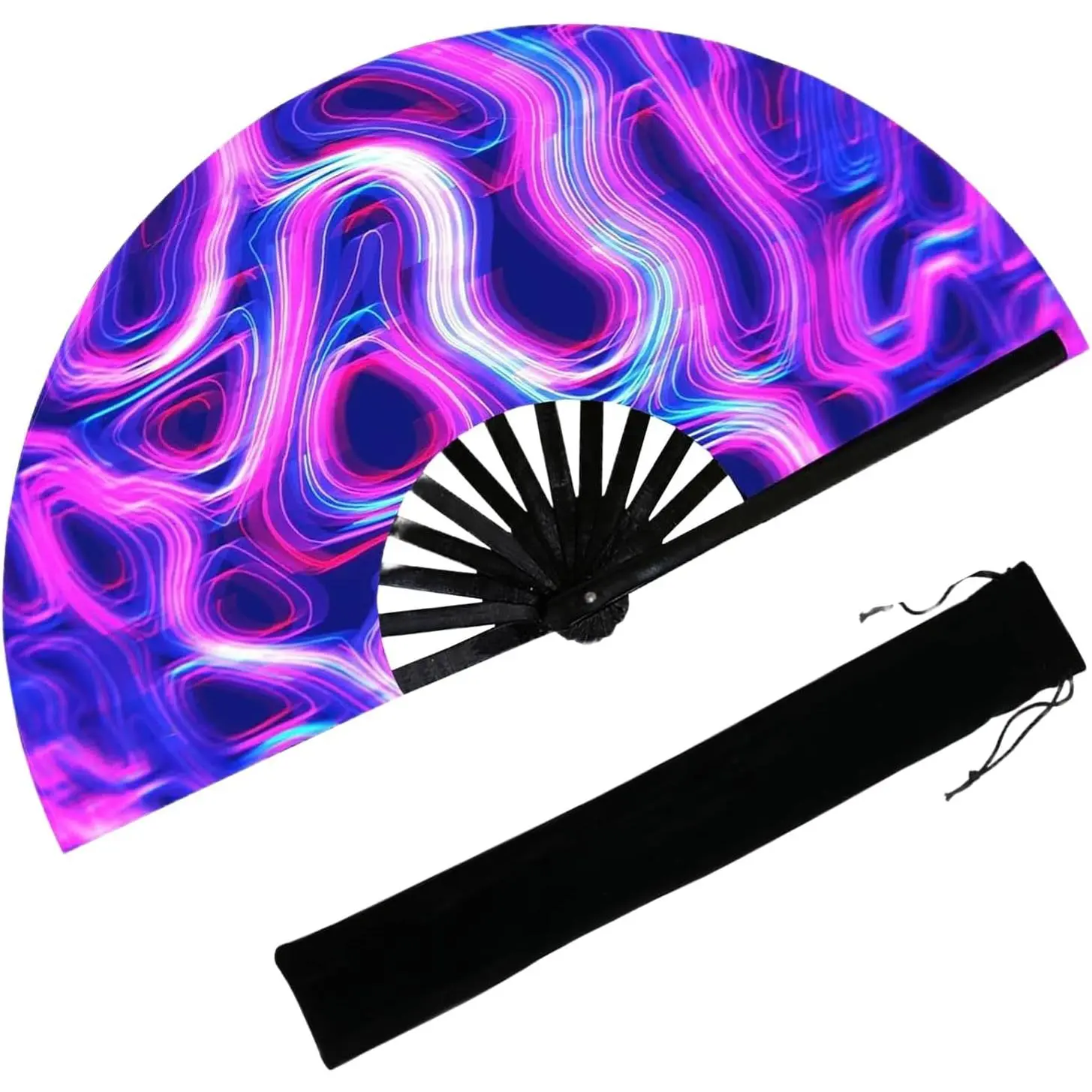 13‘’ UV Glow Large  Fan for Men Women, Popping Fan for Line Dancing, Decorative Folding Hand Fan for Party,  Decoration, ,  Festival Essential, EDM  Accessories (Waves2)
