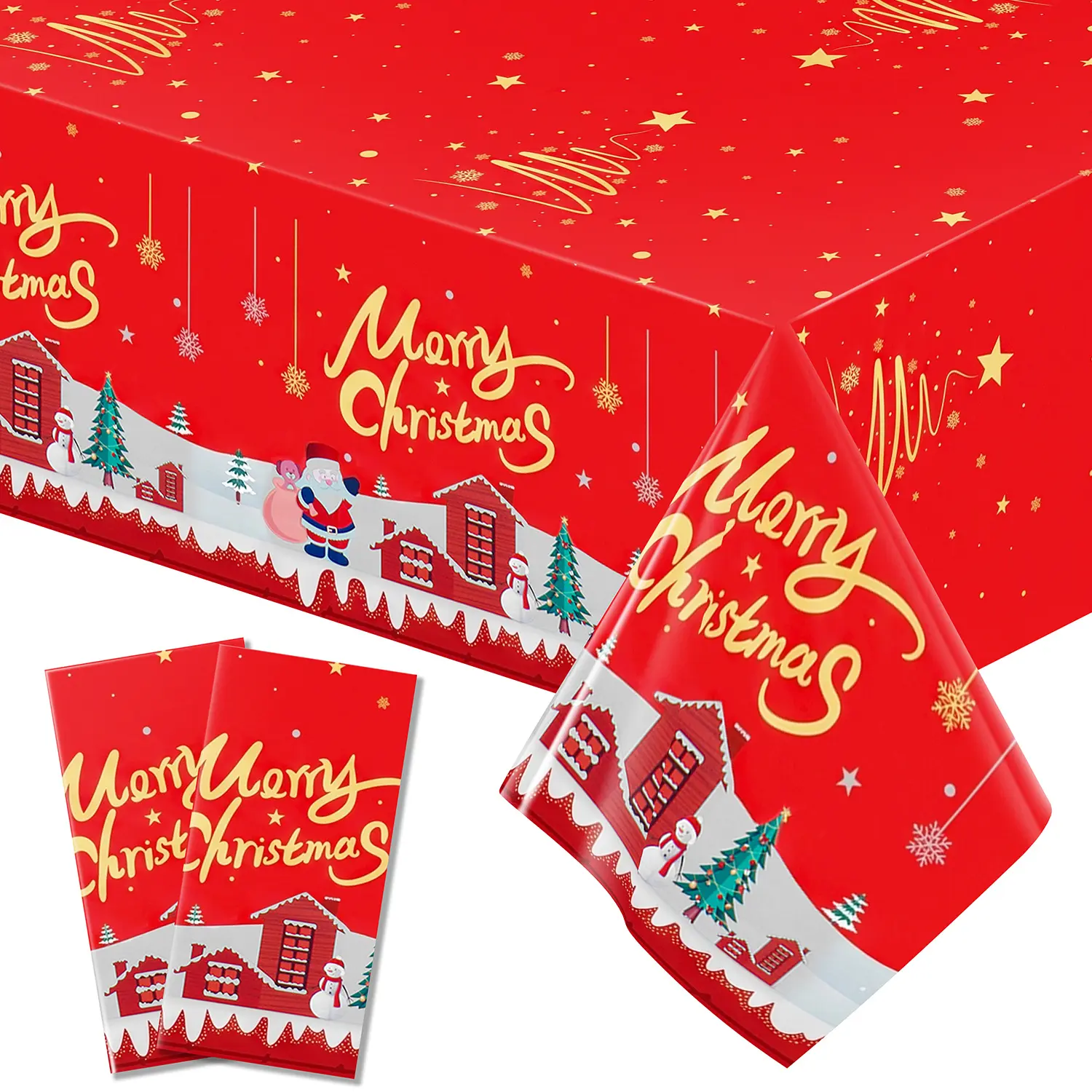 1/3 Pcs Disposable Waterproof Aluminum Foil Christmas Rectangle Tablecloth, 54×72/54×108 Inch Red Merry Christmas Letter Snow House Tree Print Decorative Table Cover for Holiday Dinner, Family Gathering and Christmas Party Decorations