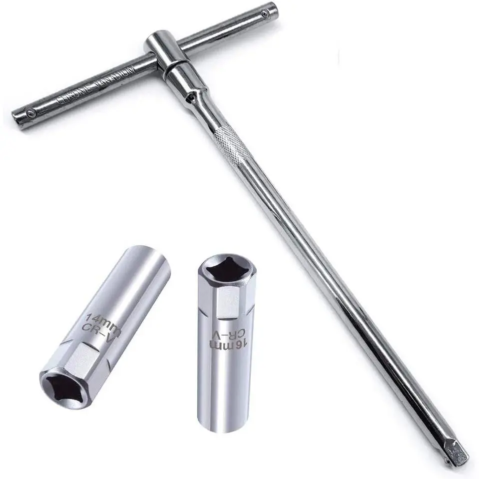 OSOF 14mm & 16mm Spark Plug Socket Thin Wall 12-Point  3/8 inch Square Drive Set + 3/8-Inch Drive Sliding T bar Torque Spanner Extension Kit 10inch/25cm
