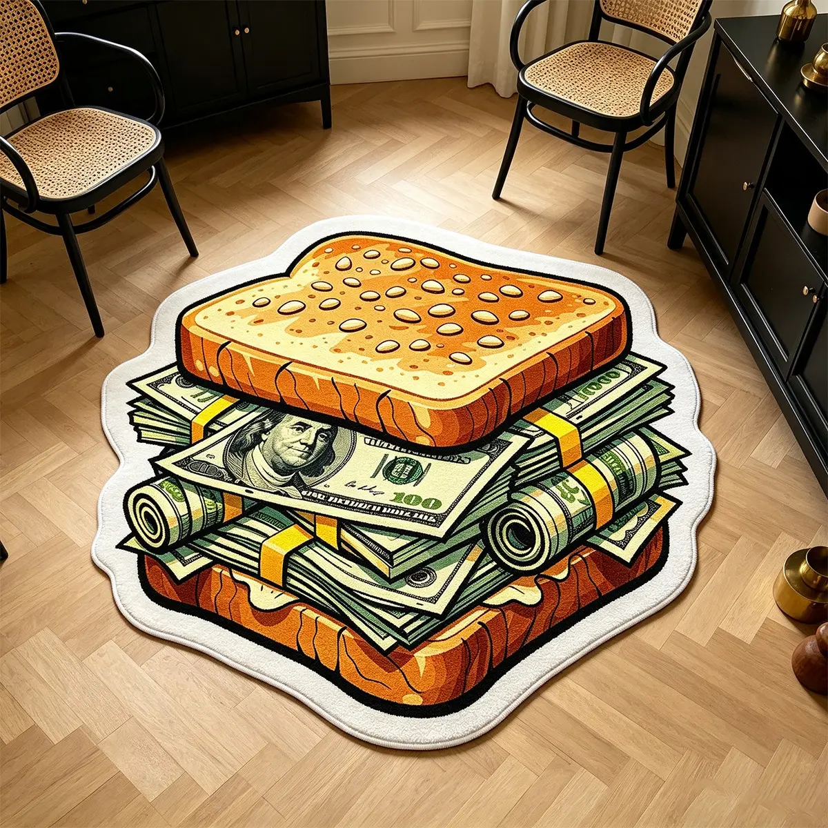 Funny Irregular Rug, Us Dollar Toast Sandwich Carpet, American Style Funny Living Room Bedroom Mat, Cool Hip Hop Home Decor Rug