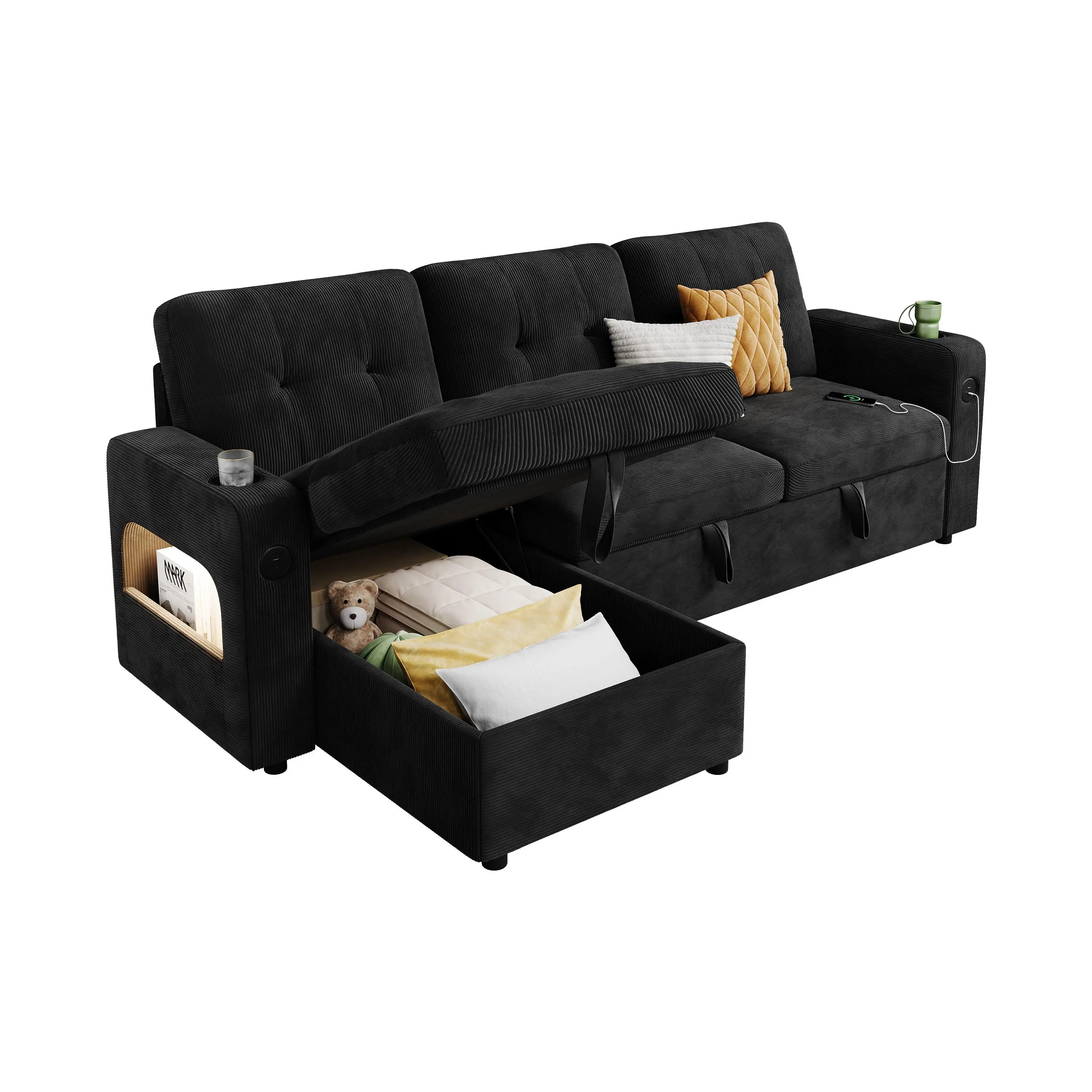 84" Sleeper Sofa Bed & L-Shaped Sectional – Convertible Pull Out Couch with Storage, Charging Station & LED Lights – Modern Corduroy Sofa for Living Room, Apartment – Black