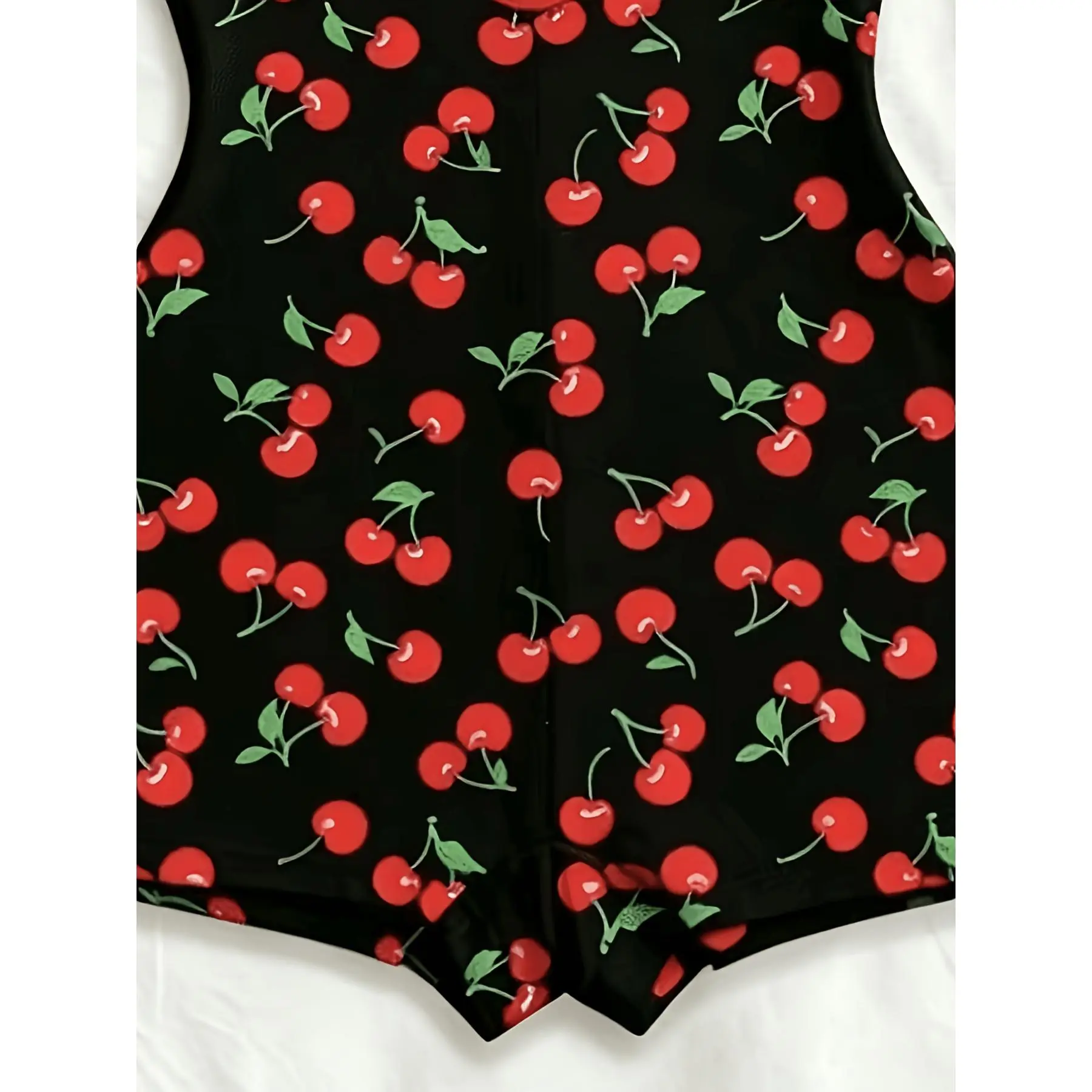 Retro Red Cherry All-Over Print Halterneck Jumpsuit, Summer Vacation Style, V-Neck, Hollowed-Out, Waist-Cinching, Casual, Hot Shorts