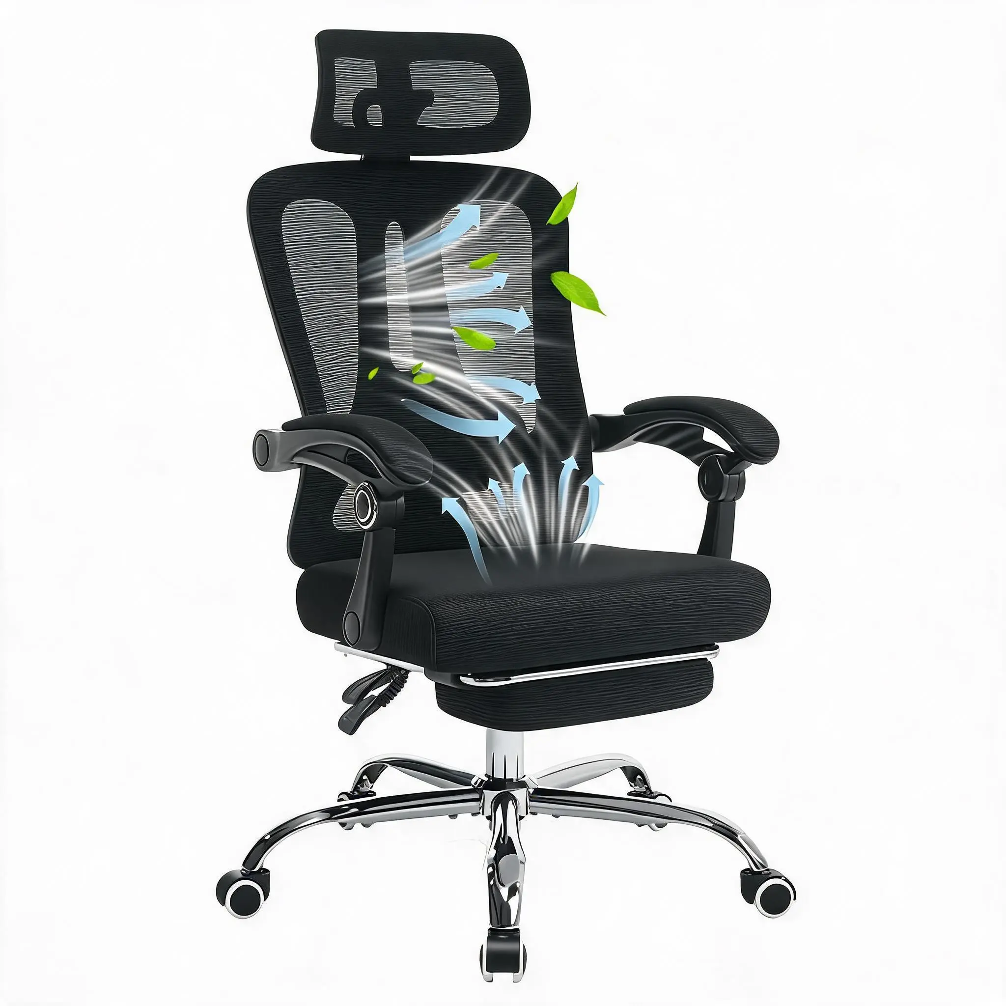High Back Ergonomic Office Chair with Mesh Back, Retractable Footrest, Adjustable Headrest & Lumbar Support – Wide Computer Desk Chair with Wheels
