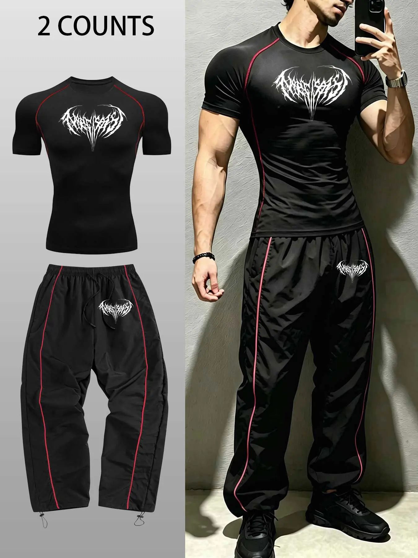 Men's 2pcs Sportswear Set: Trendy Printed Athletic Top and Jogger Pants with Elastic Waistband. Suitable for Gym Workouts, Jogging, and Various Other Sports. Machine Washable, Not Dry Cleanable. Versatile for Casual Attire