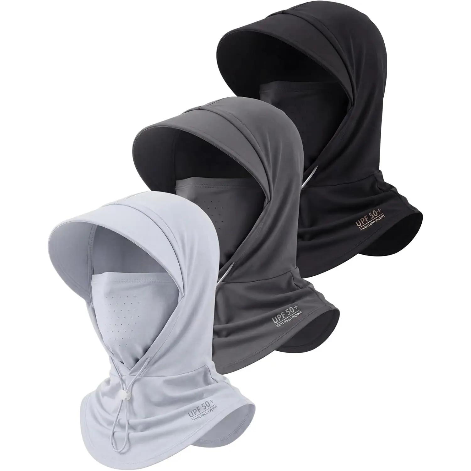 3 Pack Cooling Balaclava Face Masks (Black, Grey, Misty Grey) for Men, Cool-Touch Tech Full-Head Hood with UV Protection, Breathable Nylon-Spandex-Polyester, Adjustable Fit for Biking, Fishing, Thoughtful Gift for Friends, Family, Commuting, Cool-Touch Te