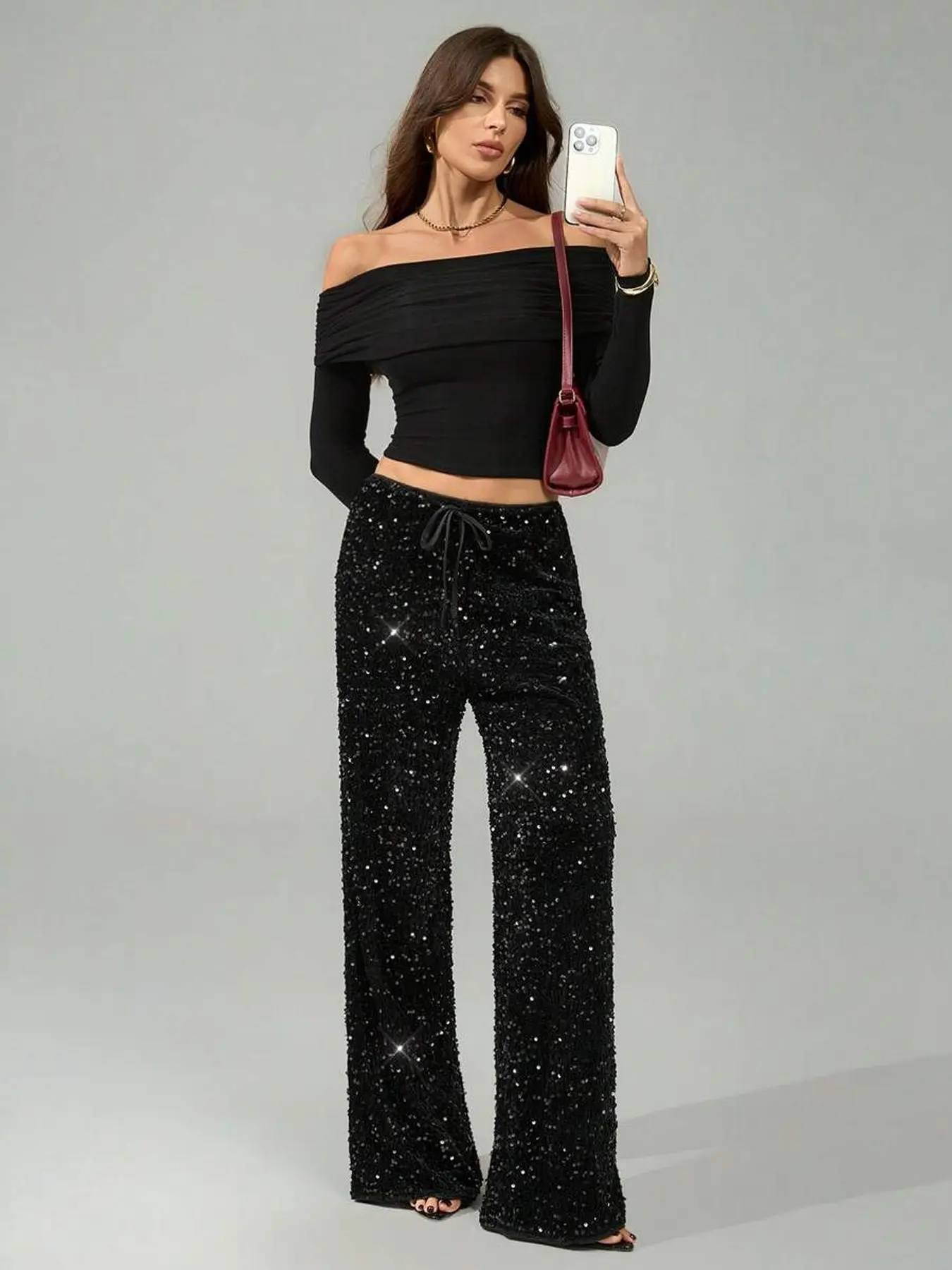 Women's High Waist Colorblock Long Pants, Casual Floor-Length Skinny Jeans, Drawstring Waist, Perfect for Parties and Daily Wear
