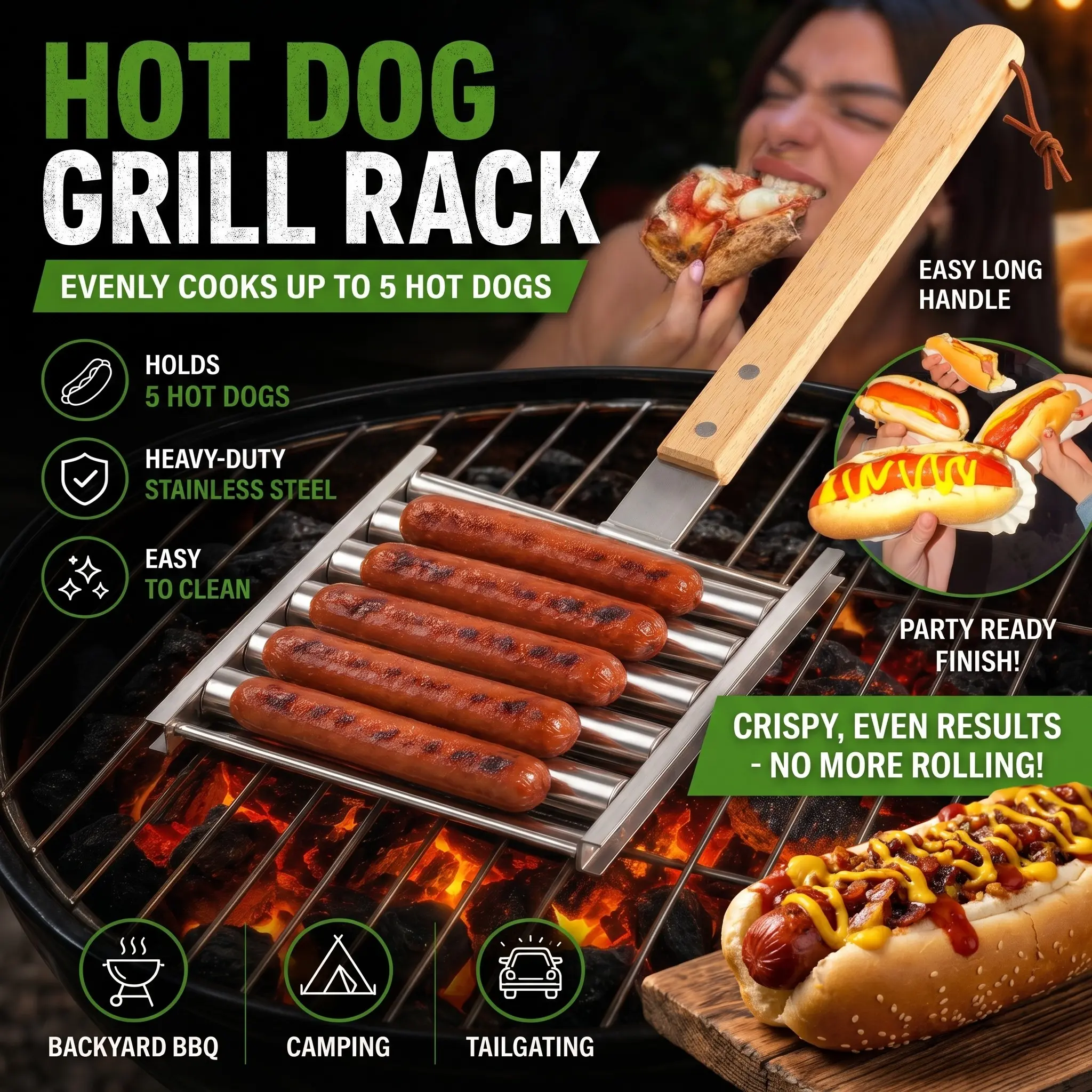 Hot Dog Grill Rack, Stainless Steel Sausage Roller for Grill, Holds 5 Hot Dogs with Extra-Long Detachable Wooden Handle, Easy to Clean BBQ Rack, Barbecue Utensils for Outdoor Grilling, Camping and Cookouts
