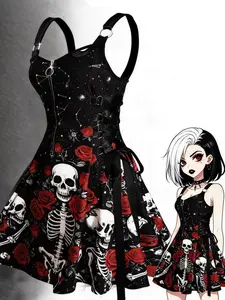 Halloween Skull and Rose Print Floral Dress, Fun Skeleton Design, Perfect for Festival Parties, Dresses for Party, Dark Fashion Slim Fit Dress
