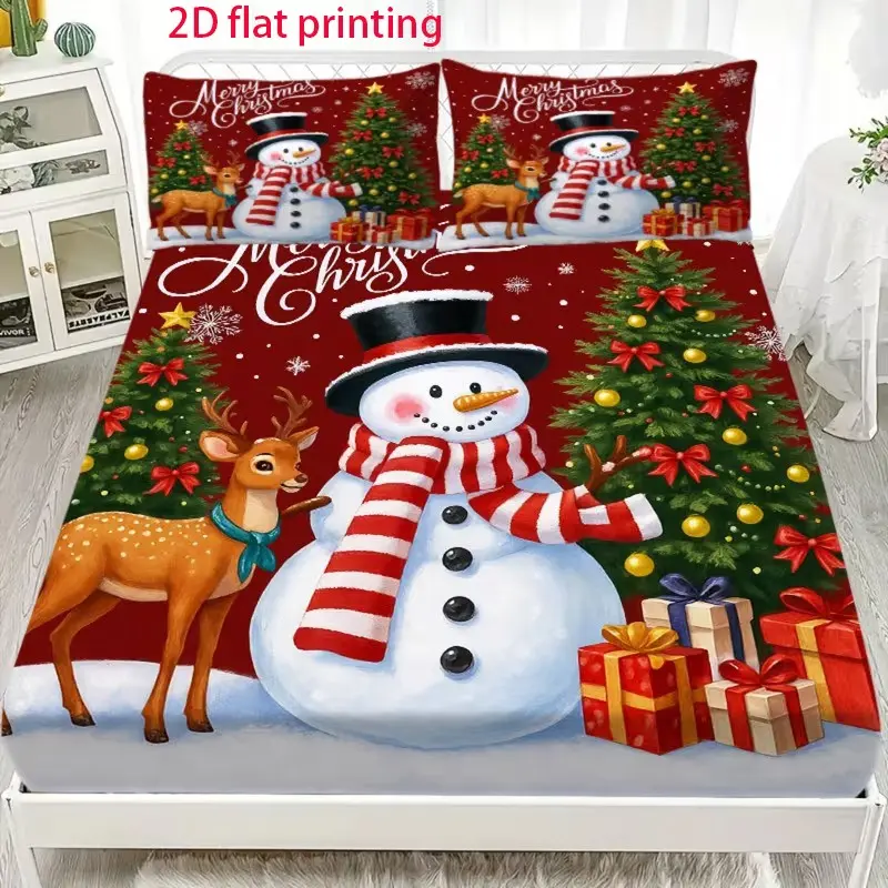 Three-piece fitted sheet set (1*fitted sheet + 2*pillowcases without pillow inner) featuring a Christmas-themed snowman pattern (2D flat design, not 3D) for home, bedroom, and guest room bedding