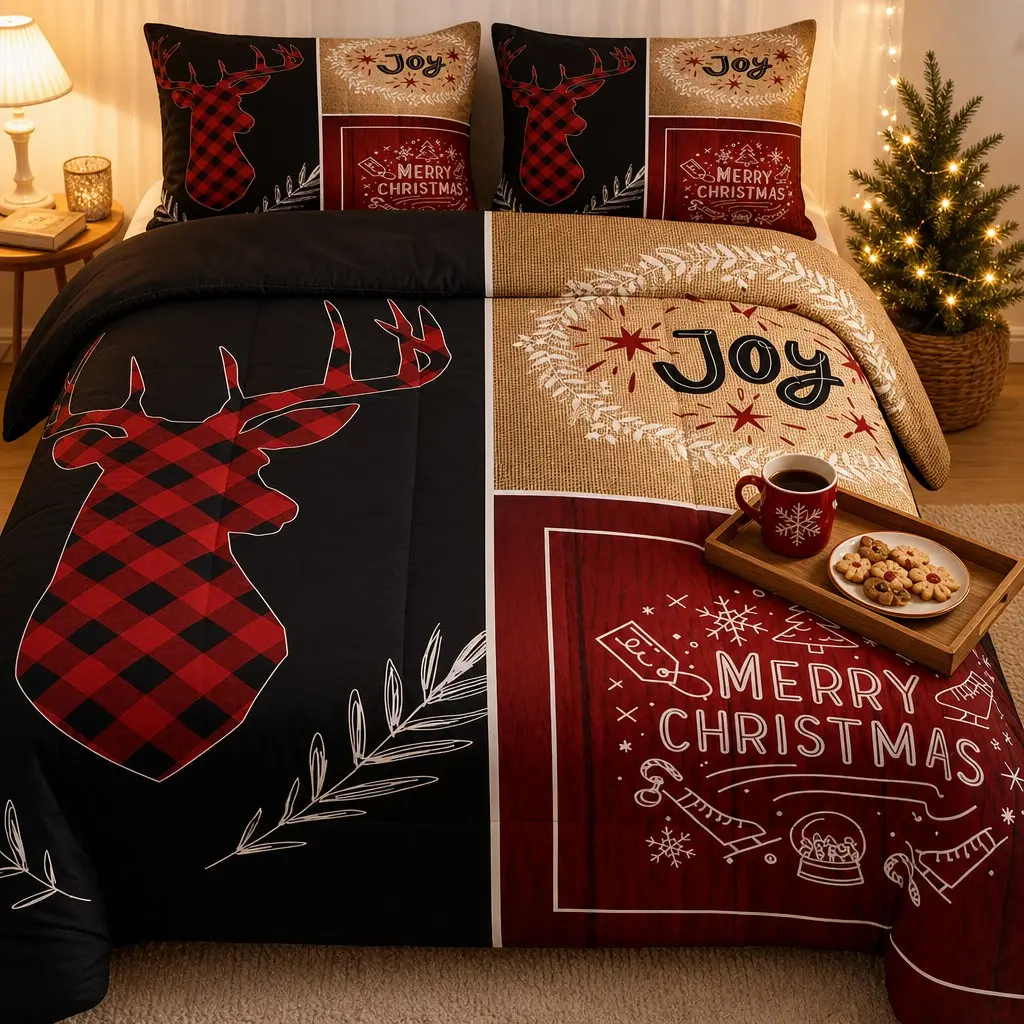 3-Piece Christmas Quilt Set, Plaid Reindeer Pattern, Soft Comfortable, Ideal for Holiday Decor, Bedroom, Guest Room, All Seasons