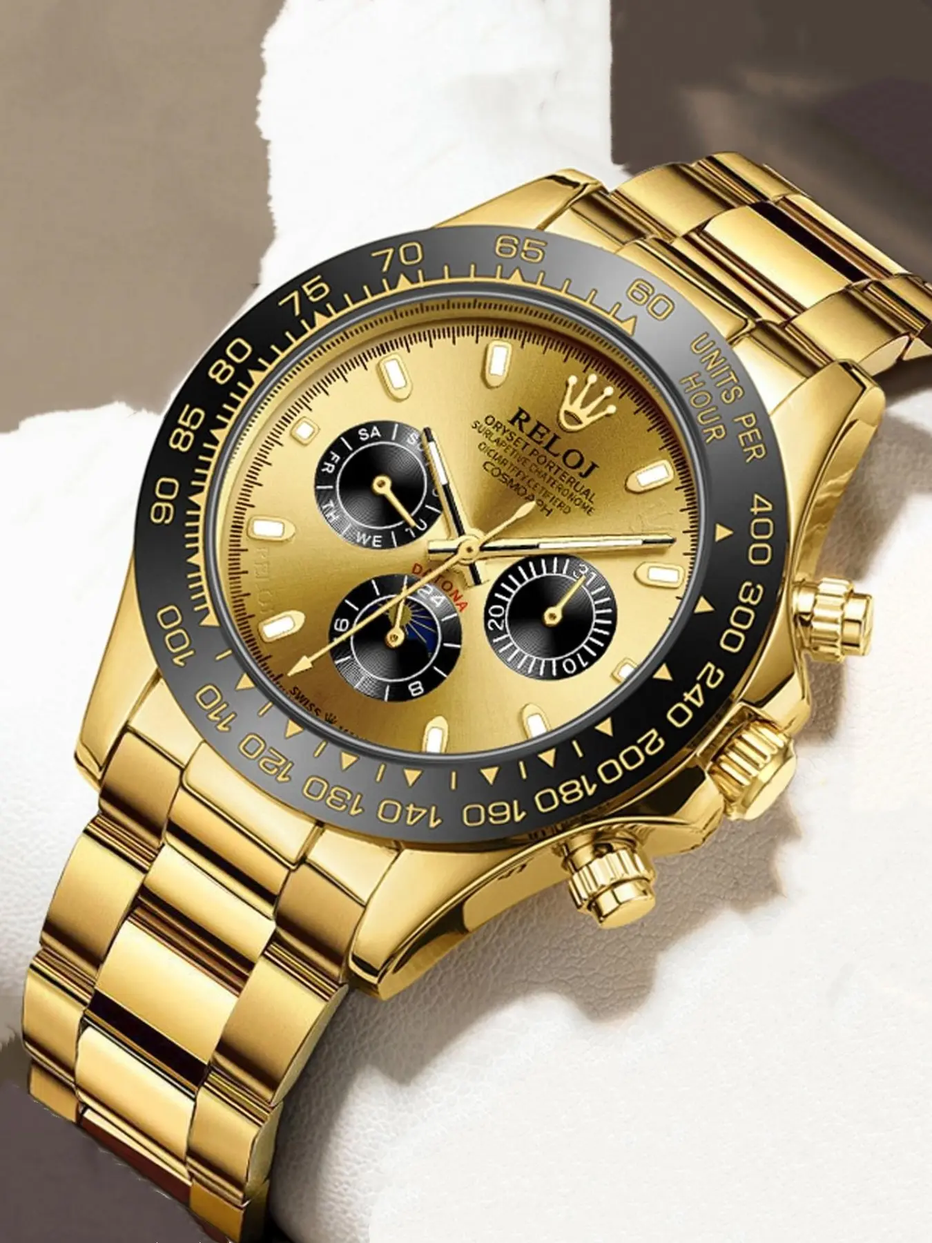 Luxury gold men's chronograph watch with stainless steel strap, waterproof sports watch, featuring moon phase display, fashionable casual quartz watch, suitable for men