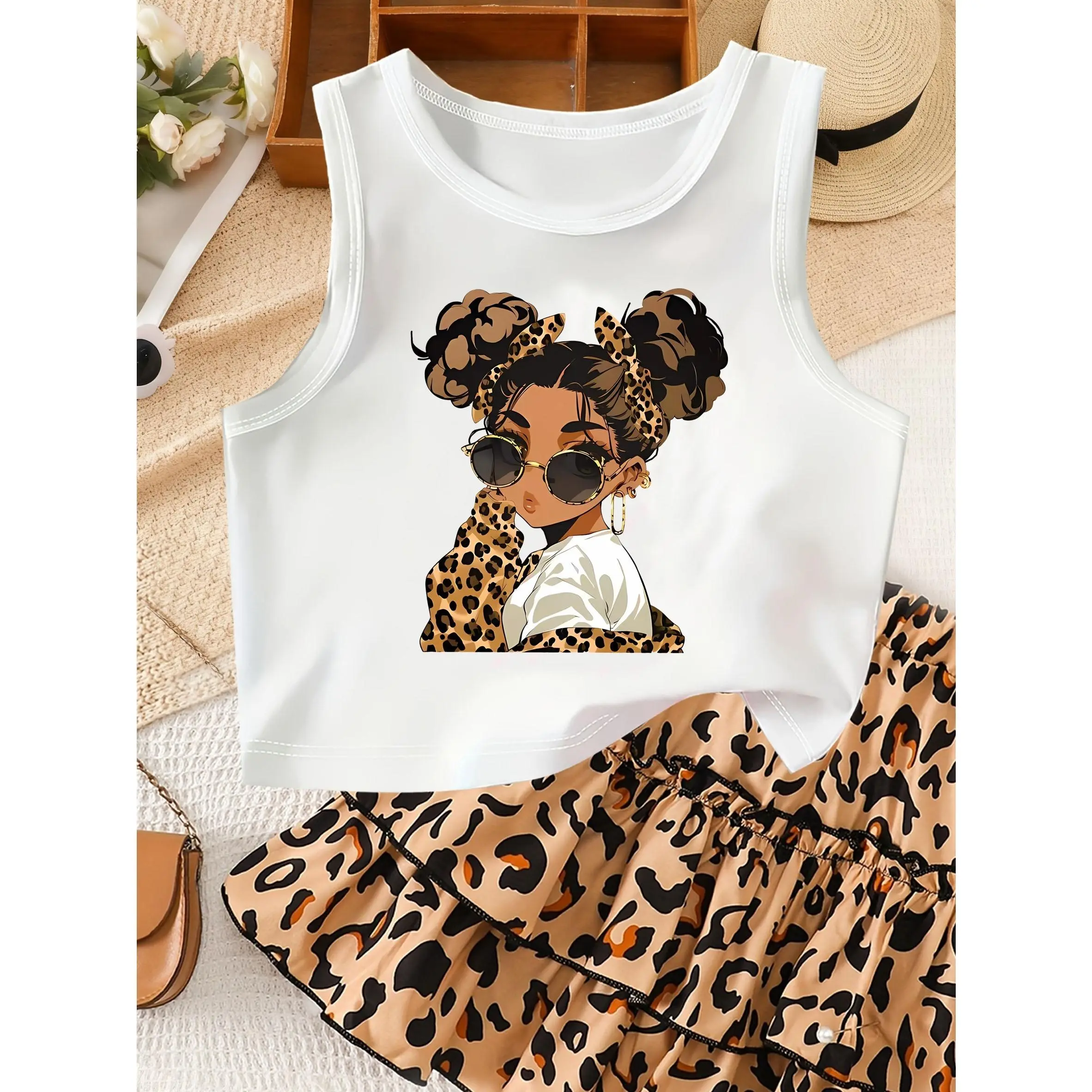 Cute Cartoon Girl Group Print Girls' Tank Top, Girls' Sports Vest, Girls' Trendy Brand