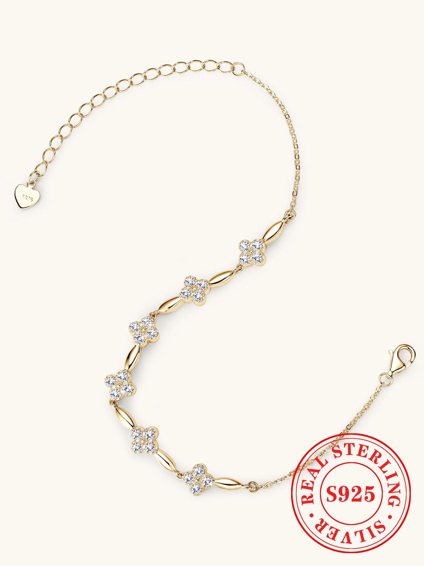 S925 Sterling Silver Flower Design Lobster Closure Bracelet, High Quality Bracelet, Fashionable Synthetic Moissanite Decorated Bracelet for Women & Girls, Trendy All-match & Exquisite Jewelry for Birthday Gift