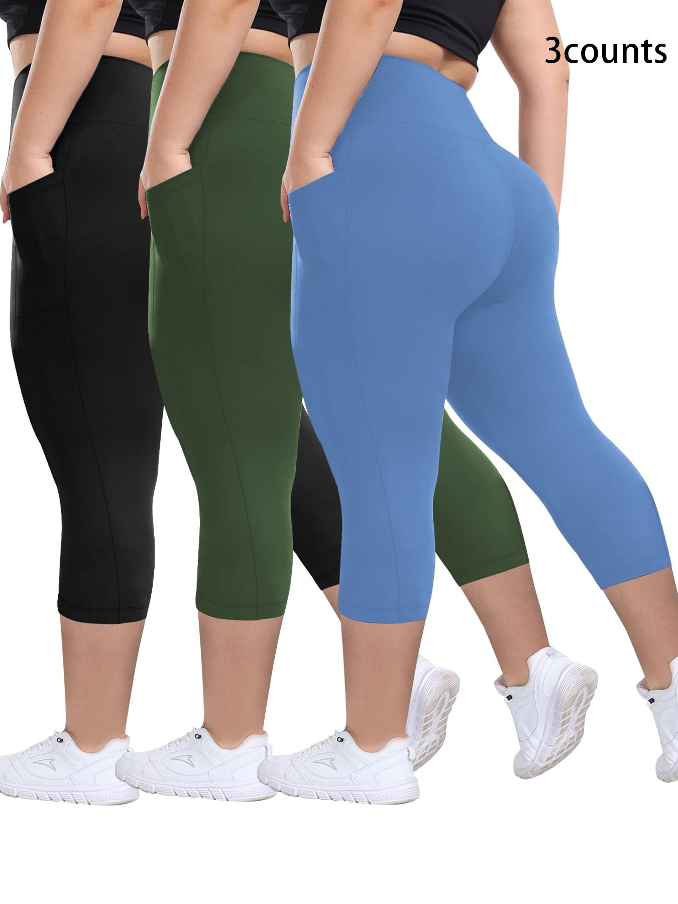 Plus Size Plain Pocket High Waist Capris Leggings, High Stretch Leggings, Casual Comfy Breathable Skinny Capri Pants for Daily Wear, Women's Plus Bottoms for Summer, Workout Clothes