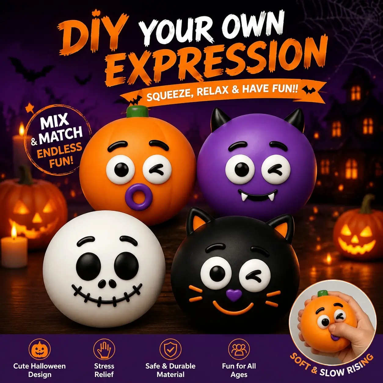 DIY Halloween Expression Squishy Toy 🎃 Create Funny Faces, Mix & Match Eyes & Mouth, Slow Rising Stress Relief Fidget Toy for Kids Adults Squishies Slow Rising