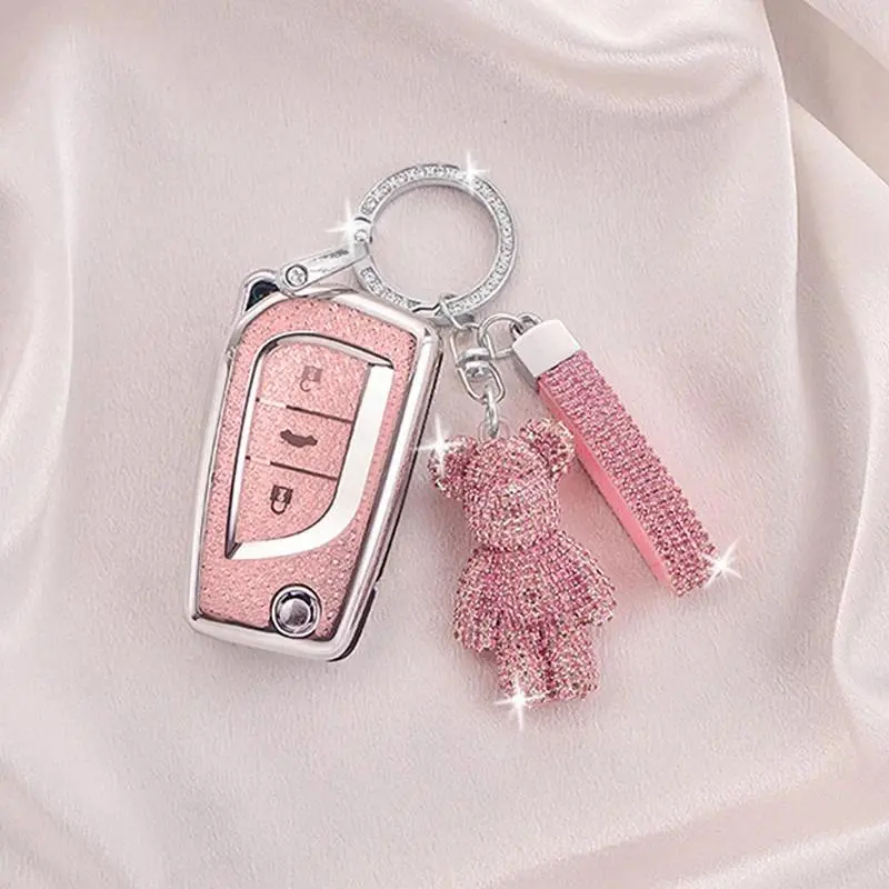 Blush Pink TPU Crystal Flip-Folding Car Key Case Cover Holder with Keychain for Toyota Hilux, Corolla, Avensis, Prado, Fortuner, RAV4, CHR