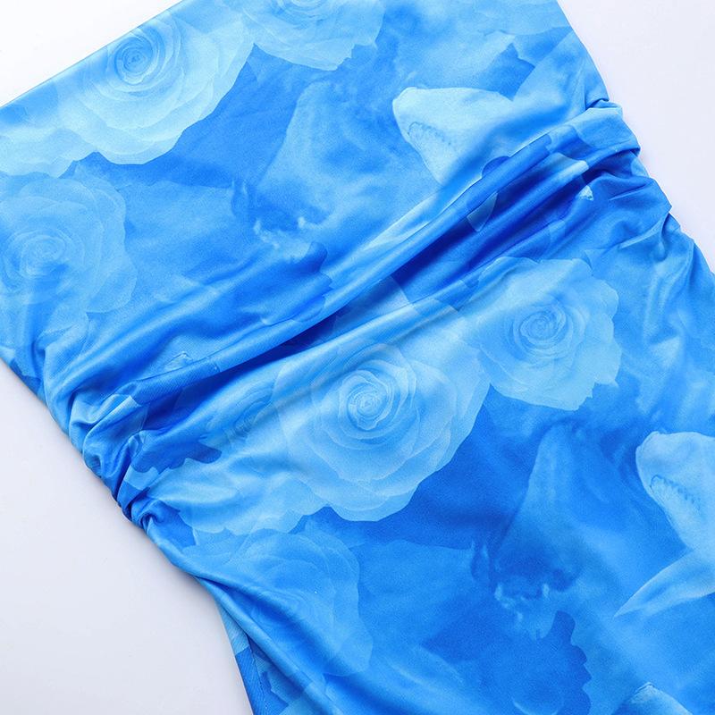 Rose Print Ruched Lace Up BacklessCami Dresses for Women, ElegantSleeveless Bodycon Capri Sun DressLong Dress for Summer, BirthdayDresses 2024, Fashion Women'sDress for Beach Holiday, Capri SunDress Valentine's Day, gift Casual Womenswear Blue Floral