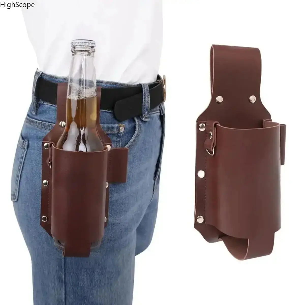 Classic Leather Beer Bottle Belt Holder, Portable Waist Bottle Holster, Ideal for Travel & Tailgating