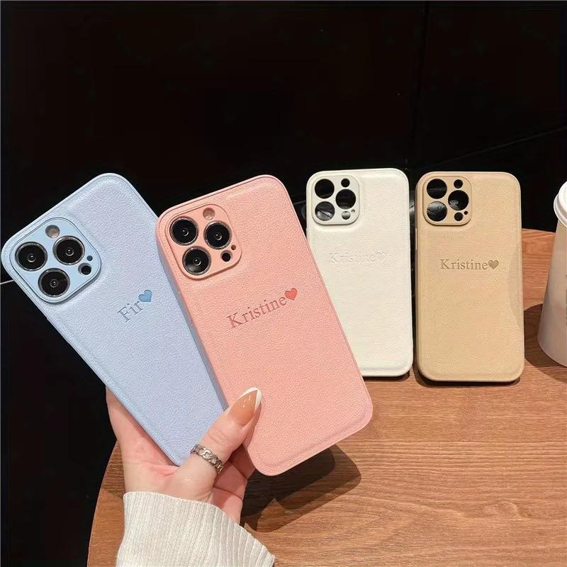 Personalize Customized Initials Name Leather Phone Case For iPhone 17 16 15 14 13 12 11 Pro Max 16 Plus Xs Max Protection Cover