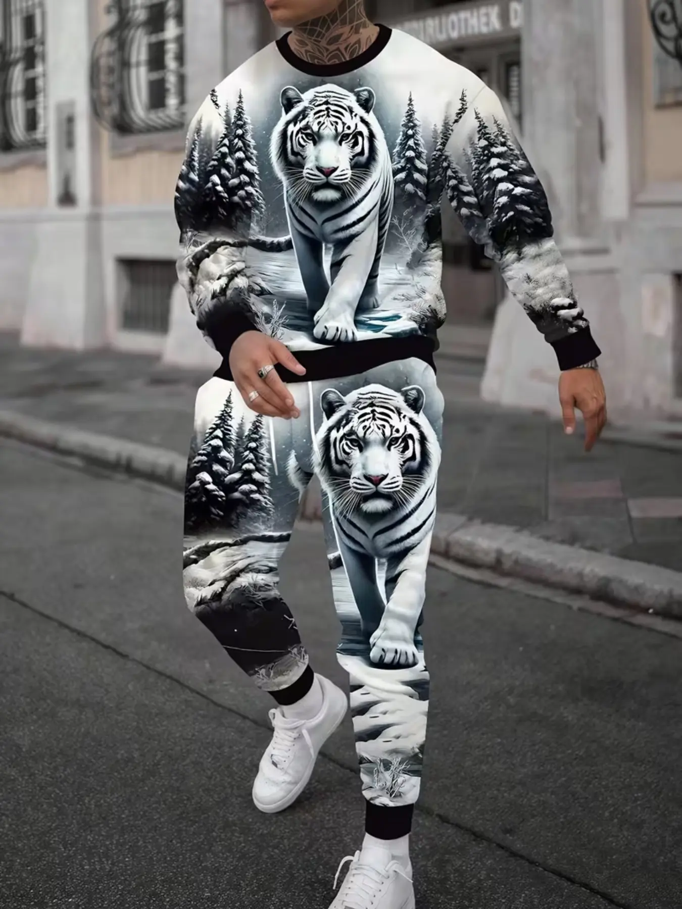 Men's Tiger Print Sports Set, Forest Tiger Print Hoodie and Drawstring Pants, Casual Round Neck Sweatshirt Set for Couples