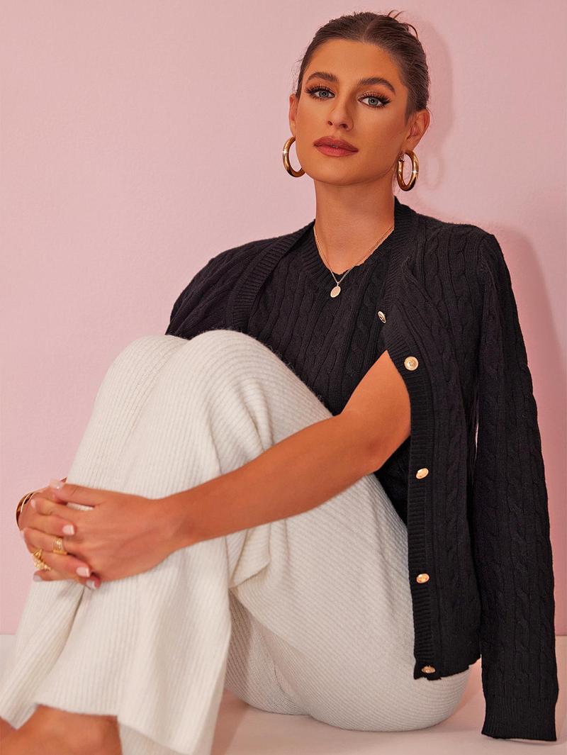 Joyfunear Women's Cable Knit Sweater Set: Crew Neck Pullover & Button - Up Cardigan