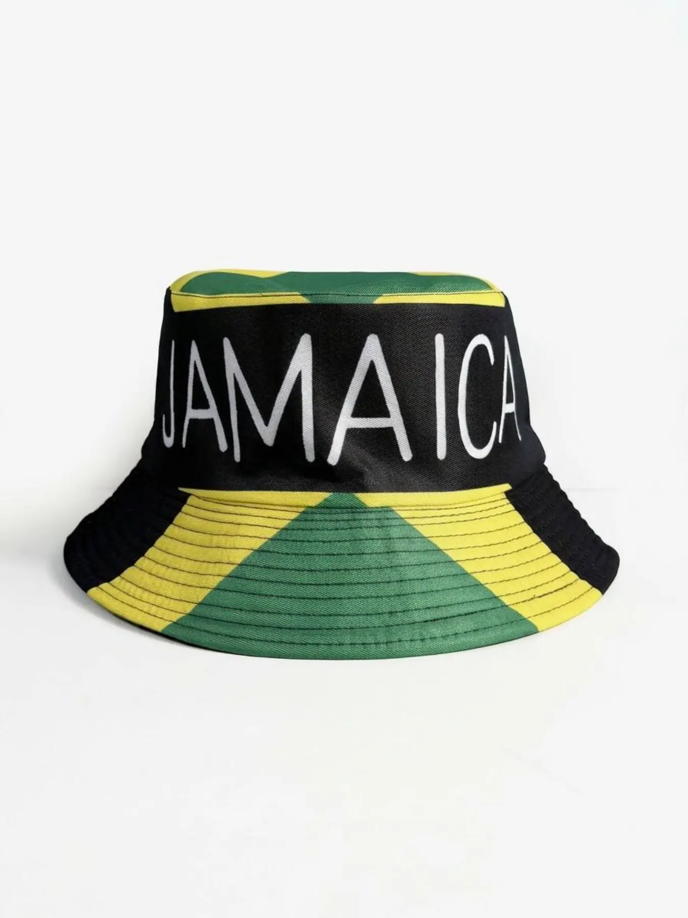 Jamaica Bucket Hat with Printed Logo, Rasta Color Block Sun Hat, Trendy Reggae Festival Graphic Cap, Caribbean Souvenir Headwear, Beach Sun Hat, Graphic Hats, Fashionable Hats