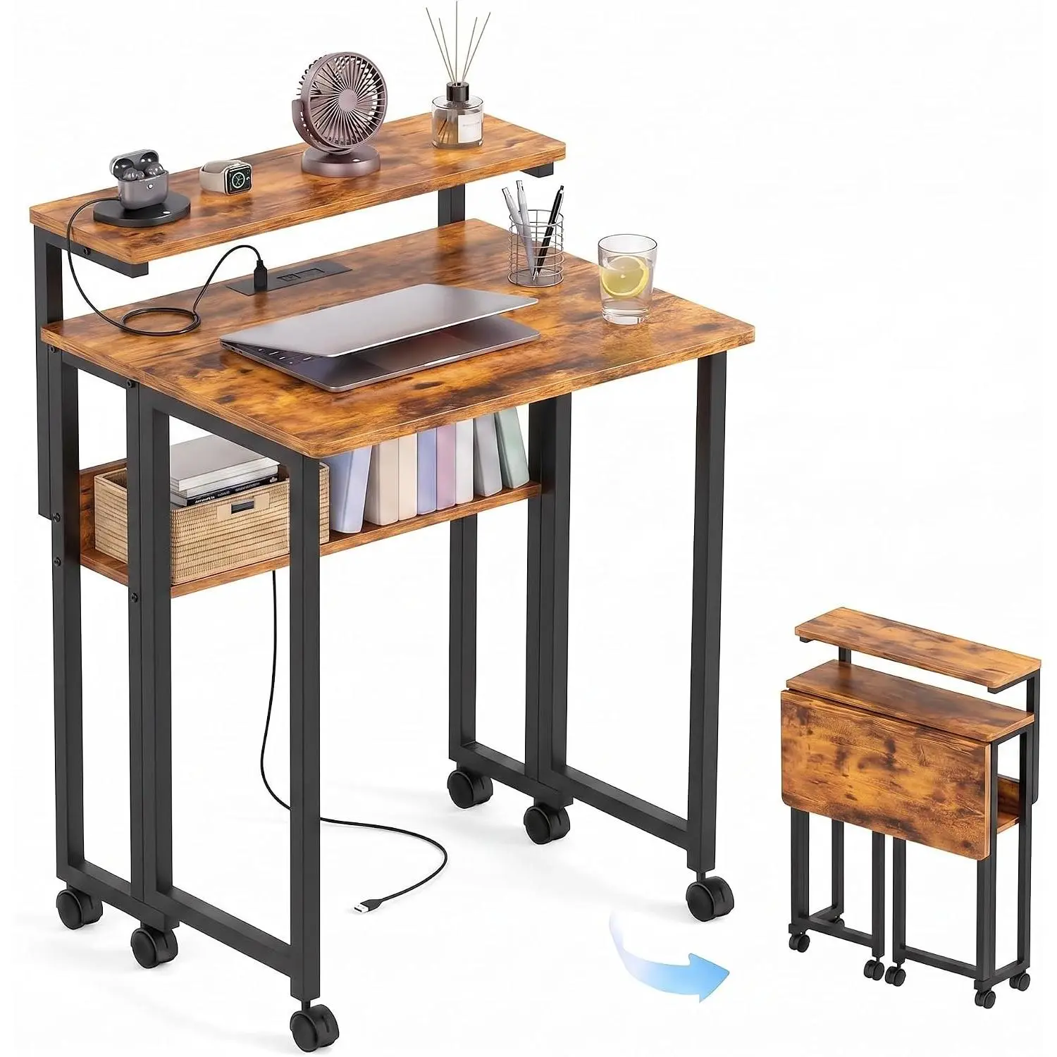 Collapsible Small Computer Desk with Monitor Stand & USB Charging Port - 24.8" Space-Saving Folding Desk for Home Office