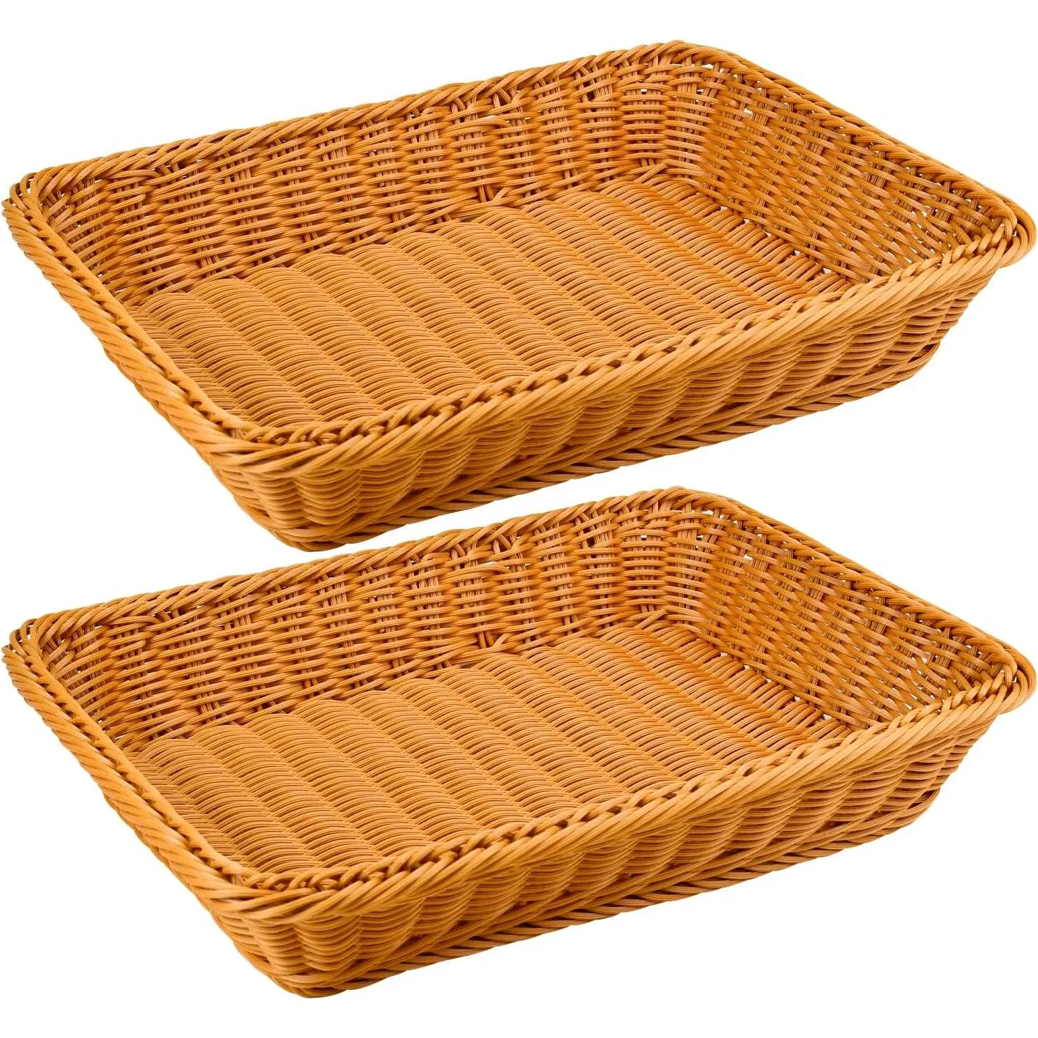 Plastic Bread Storage Baskets Set (2-Pack) Home Organizer - 16in Rectangle, 12x7.8x3", Synthetic Woven Poly Wicker, Reinforced Rim, Smooth Woven Belt, Durable Safe for Indoor Kitchen, Outdoor, Restaurant Use