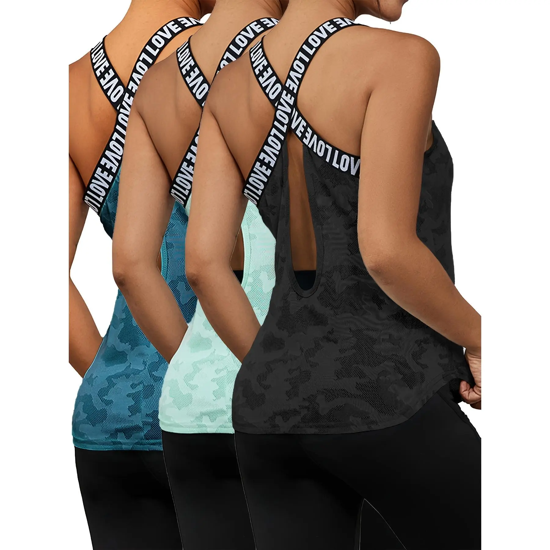 3pcs Women's Quick-Dry Cross-Back Yoga Tank Tops - Breathable Mesh Geometric Print Workout Tops with Crisscross Straps, Sleeveless Fitness Shirts for Gym, Training & Outdoor Activities (Multi-Color Pack), Crossover Strap Design |   Quickdry Fabric