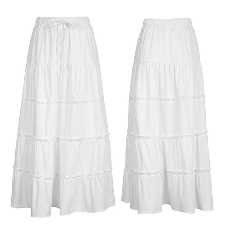Women's White Tiered Long Skirts Drawstring Elastic Waist Solid Color Ruched Midi Skirts Side Split Fitted Cotton Fabric Basic Chic Style
