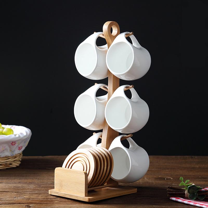 Ceramic Coffee Cup Set with Wooden Stand, 1 Set Including 6 Counts Coffee Cups & 1 Count Wooden Stand & 6 Counts Saucer, Drinkware for Home Office, Coffee Shop Cups