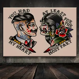 2D print, 2D print, 1-piece wrapped solid wood frame, exquisite poster. Tattooed male and female portraits, perfect for decorating rooms, houses, holidays, living rooms, and entrances