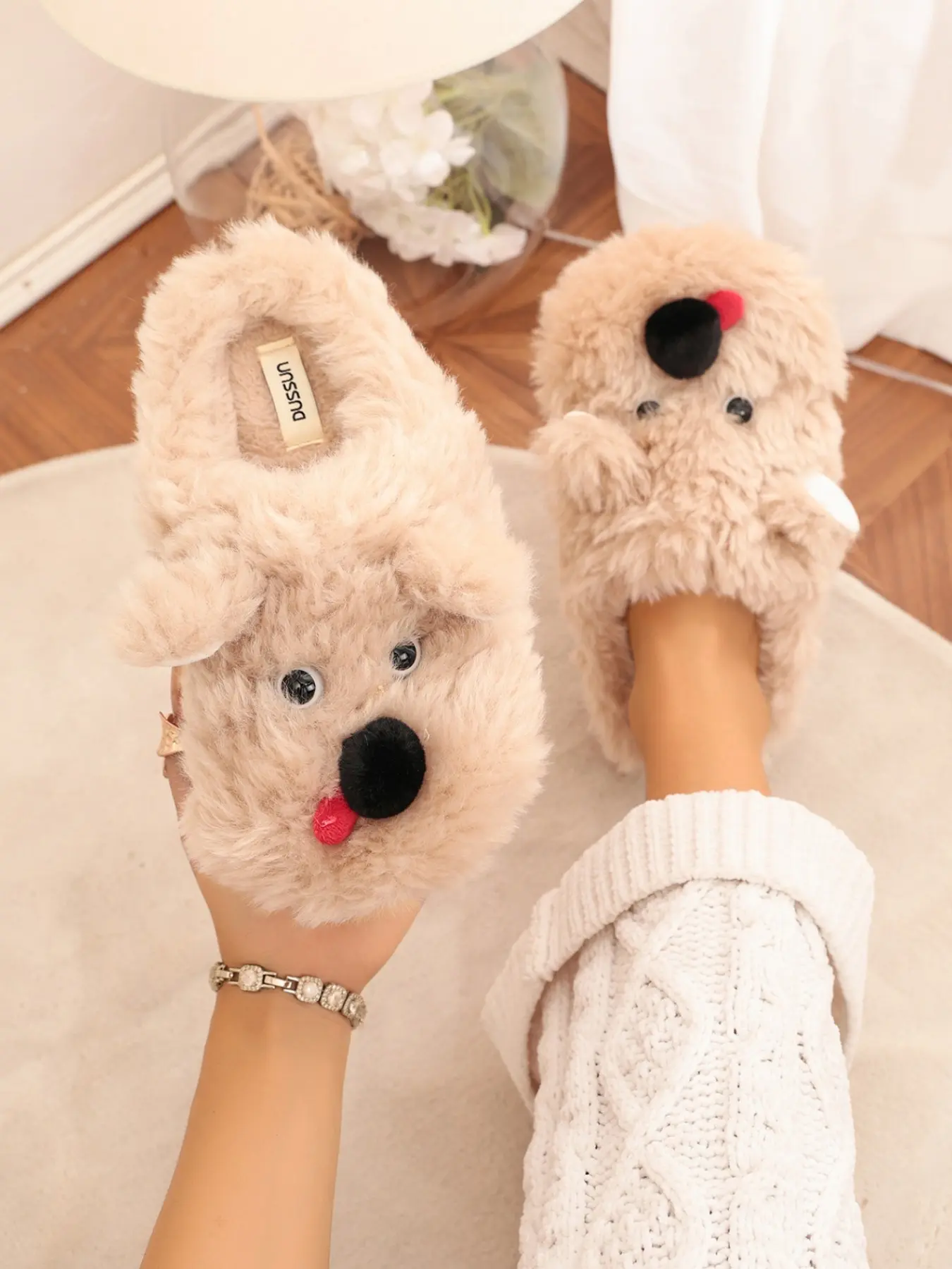Women Cute 3D Puppy Dog Fuzzy Plush Mule Slippers, Fluffy Fleece Closed Toe Backless Slides, Cartoon Warm Indoor Winter House Shoes