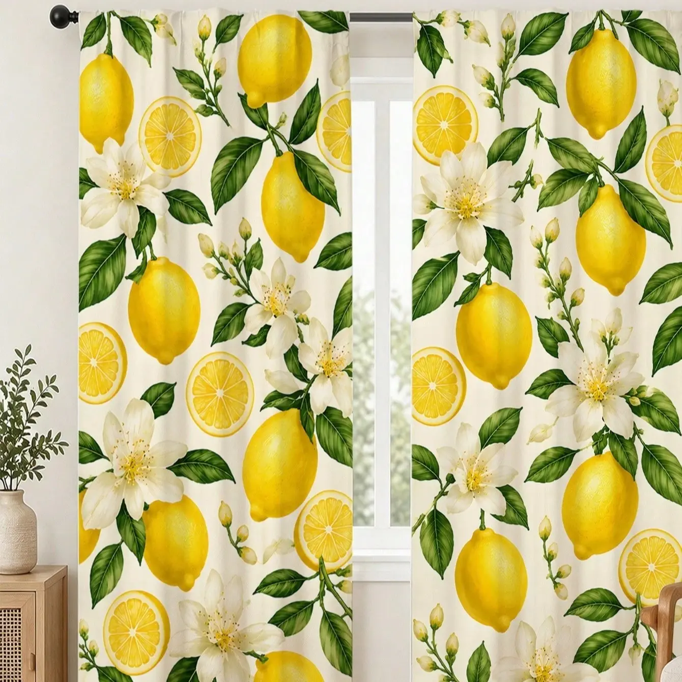 2pcs, Printed Rod Blinds, Polyester Semi-Blackout Blinds, Lemon Floral Pattern, Fresh And Pastoral Style, Suitable For Dormitory, Kitchen Curtains, And Room Decoration, Window Curtain Panels, Applicable To Living Room
