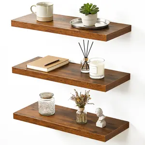 Garvee Rustic Floating Wood Wall Shelves – Decorative Wall-Mounted Shelves with Metal Brackets – Perfect for Living Room, Bedroom, Kitchen, Bathroom – Ideal for Picture Frames, Plants, Home Decor – Easy to Install-Brown