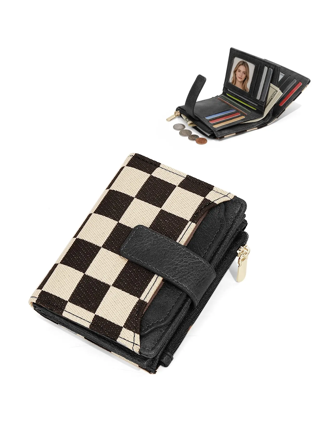 Checkered Small Wallet Women Blocking Soft Leather Bifold Compact Card Holder Wallet for Women with Zipper Coin Pocket 4 ID Window