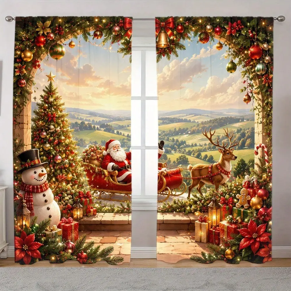 2-Pack Christmas Window Curtains, Santa Reindeer Snowman Heart Garland Design, Privacy Sunscreen Decorative Curtains for Living Room Bedroom Kitchen