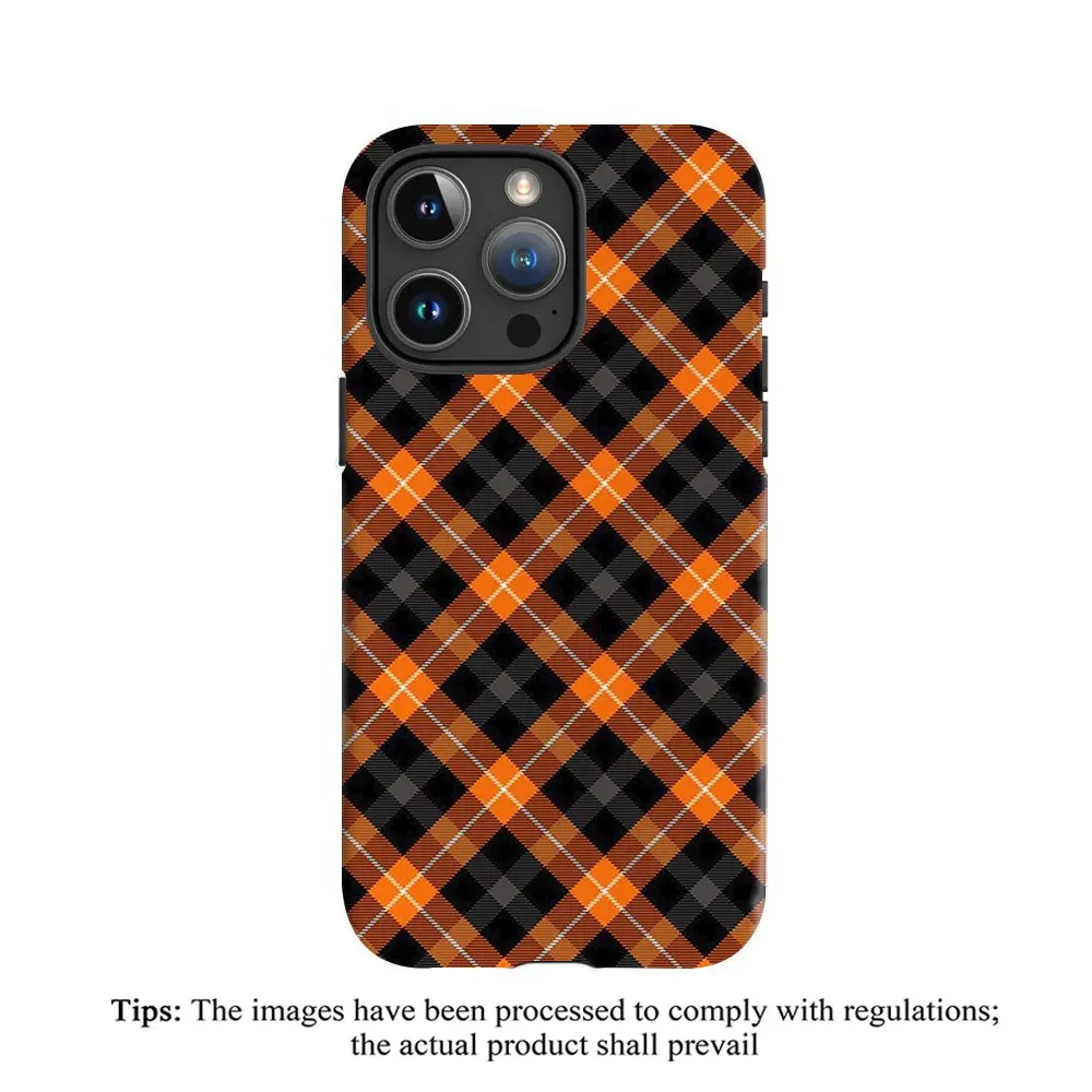 This sturdy 2-in-1 phone case features an orange and black checkered pattern and is compatible with iPhone 17, 16, 15, 14, 13, 12, 11 Pro Max Plus, and Samsung Galaxy S26, S25, S24, and S23 Ultra. Stylish and scratch-resistant, it makes an excellent gift.