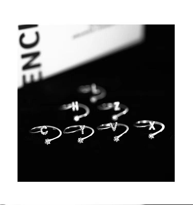 Silver Initial Letter Open Ring Set, Dainty CZ Adjustable Stackable Rings for Women